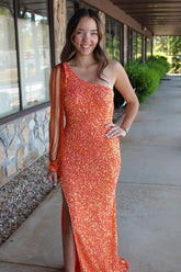 One Shoulder Long Prom Dress with Sparkly Orange Mermaid Sequin
