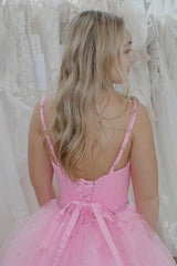 Long Corset Prom Dress in Sparkly Pink with Princess Tulle and Beaded Spaghetti Straps