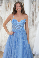Long Corset Prom Dress in Sparkly Blue with Princess Spaghetti Straps and 3D Flower Tulle