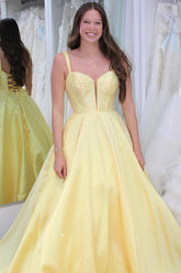 Long Beaded Prom Corset Dress with Sparkly Yellow Princess Spaghetti Straps