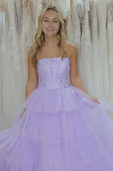 Lilac Strapless Prom Dress in Tiered Tulle with Princess Appliques