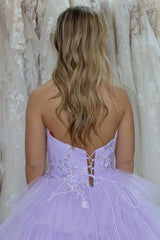Lilac Strapless Prom Dress in Tiered Tulle with Princess Appliques