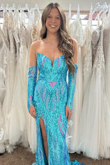 Long Blue Sparkly Mermaid Prom Dress with Sweetheart Neckline and Sequin Slit