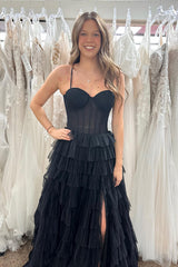 Long A-Line Corset Prom Dress with Black Spaghetti Straps and Tiered Tulle