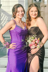Long Satin Mermaid Prom Dress with Purple Spaghetti Straps and Beading