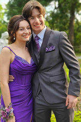Long Satin Mermaid Prom Dress with Purple Spaghetti Straps and Beading