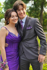 Long Satin Mermaid Prom Dress with Purple Spaghetti Straps and Beading