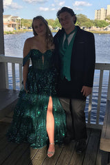 Royal Blue Sparkle Sequin Off-The-Shoulder Princess Corset Prom Dress with Tiered Tulle and Slit