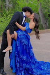 Royal Blue Sparkle Sequin Off-The-Shoulder Princess Corset Prom Dress with Tiered Tulle and Slit
