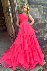 Long One-Shoulder Corset Prom Dress in Fuchsia with Tiered Tulle and Beaded Details