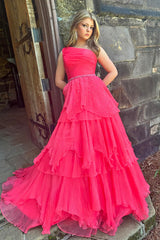 Long One-Shoulder Corset Prom Dress in Fuchsia with Tiered Tulle and Beaded Details