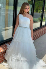 Long One-Shoulder Corset Prom Dress in Fuchsia with Tiered Tulle and Beaded Details