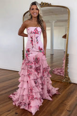 Strapless Mermaid Prom Dress in Long Pink Floral Chiffon with Tiered Design