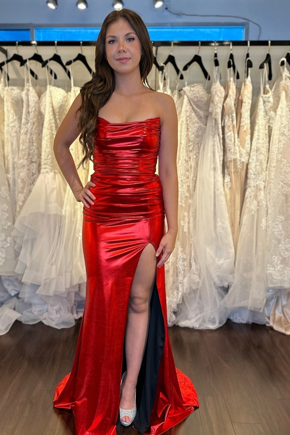 Long Red Metallic Mermaid Prom Dress with Ruched Strapless Design and Slit