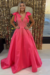 Fuchsia Glitter Princess Long Satin Prom Dress with Beading and Deep V-neck