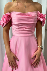 Satin A-Line Long Prom Dress with 3D Flowers in Blush Off the Shoulder