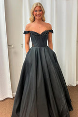 Princess Satin Corset Prom Dress in Black with Beading Off-the-Shoulder Long