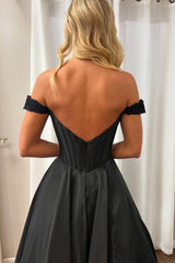 Princess Satin Corset Prom Dress in Black with Beading Off-the-Shoulder Long