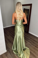 Long Sage Green Satin Mermaid Prom Dress with Sweetheart Neckline and Slit