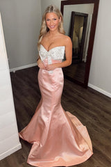Elegant Blush Sweetheart Mermaid Prom Gown with Satin Bow