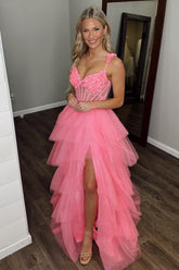 Princess Long Prom Dress in Sparkly Pink with Tulle Tiered Layers and Spaghetti Straps Appliques