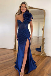 Long Navy Beaded Mermaid Prom Dress with One Shoulder and Slit Corset