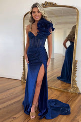 Long One-Shoulder Beaded Corset Prom Dress in Blush with Mermaid Slit