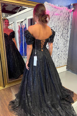 Black Sequin Princess Corset Prom Dress with Sparkly Appliques and Puff Sleeves