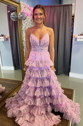 Pink Princess Floral Long Prom Dress with Spaghetti Straps and Tiered Tulle Slit