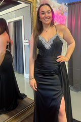 Long Satin Mermaid Prom Dress with Black Spaghetti Straps and Beading