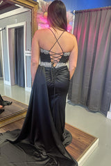 Long Satin Mermaid Prom Dress with Black Spaghetti Straps and Beading