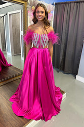 Long Fuchsia Satin Corset Prom Dress with Beaded Off-Shoulder Cut-out and Feather