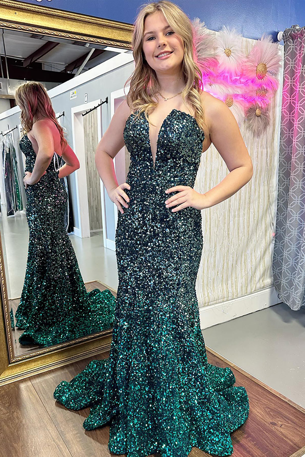 Long Dark Green Sequin Mermaid Prom Dress with Sparkly Strapless Design