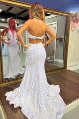 Long White Sparkly Mermaid Prom Dress with Halter Neck and Sequin Cut-outs