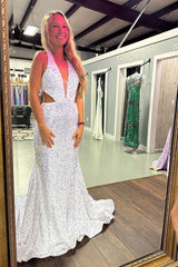 Long White Sparkly Mermaid Prom Dress with Halter Neck and Sequin Cut-outs