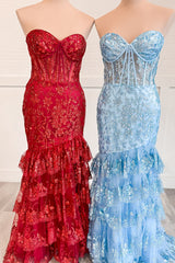 Long Red Sparkly Mermaid Prom Dress with Sweetheart Corset and Tiered Tulle Appliques