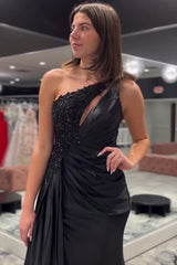 Long Blue Mermaid Prom Dress in Satin with One Shoulder and Appliques