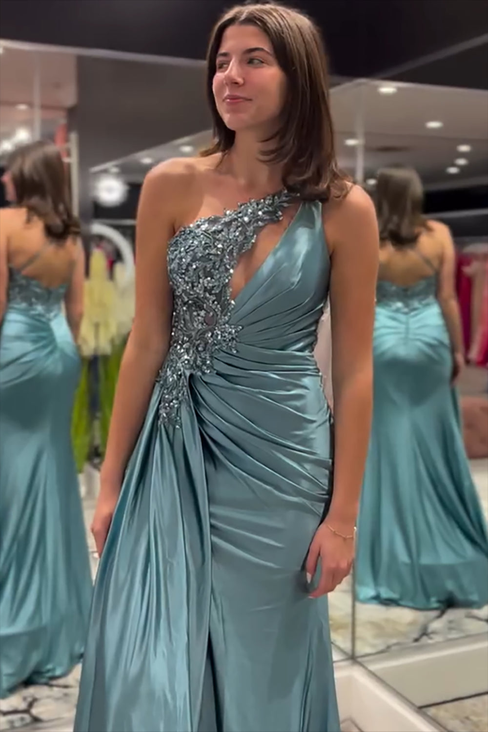 Long Blue Mermaid Prom Dress in Satin with One Shoulder and Appliques