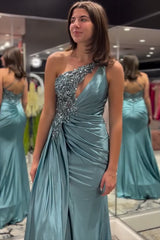 Long Blue Mermaid Prom Dress in Satin with One Shoulder and Appliques