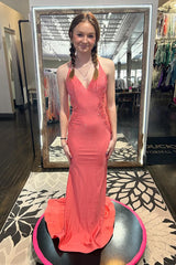 Long Beaded Mermaid Prom Dress with Sparkly Coral Spaghetti Straps and Appliques