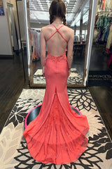 Long Beaded Mermaid Prom Dress with Sparkly Coral Spaghetti Straps and Appliques
