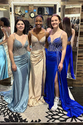 Satin Mermaid Prom Dress in Light Blue with Corset Long Slit and Spaghetti Straps