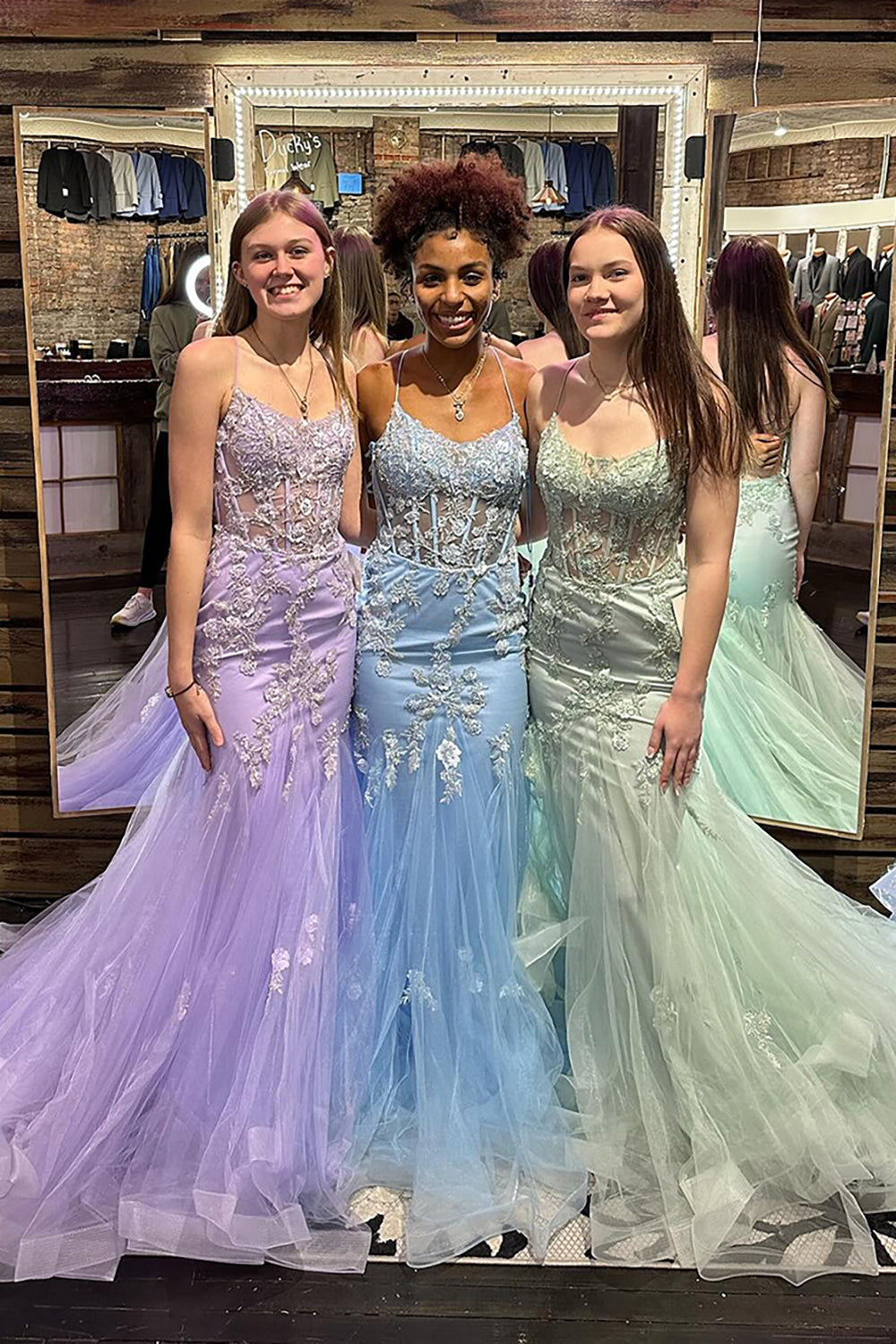 Long Prom Dress in Light Blue with Mermaid Applique and Spaghetti Straps