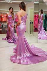 Long Mermaid Prom Dress with Sparkly Purple Sequins and One Shoulder Train