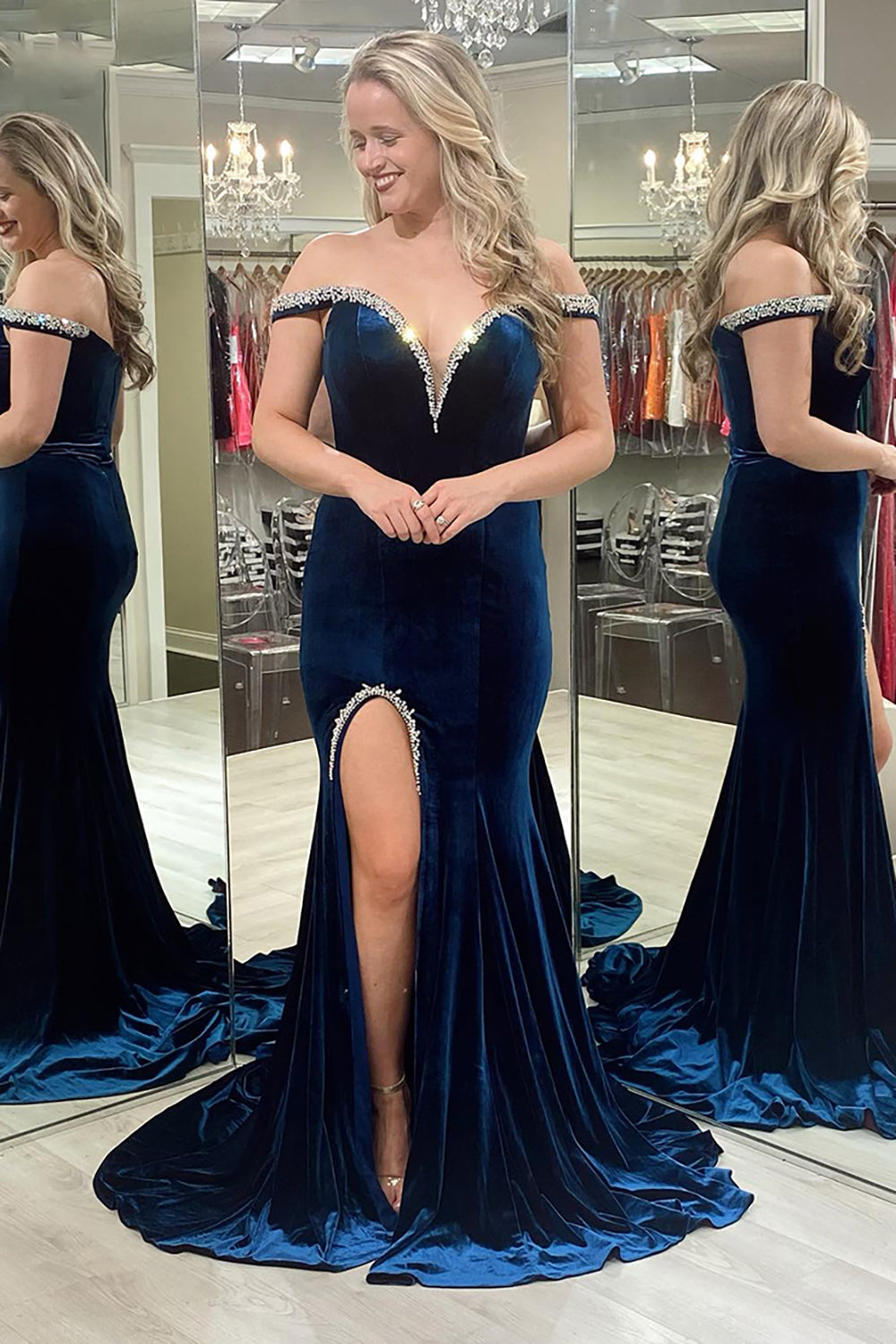 Long Velvet Mermaid Prom Dress in Navy with Off-the-Shoulder Neckline and Slit