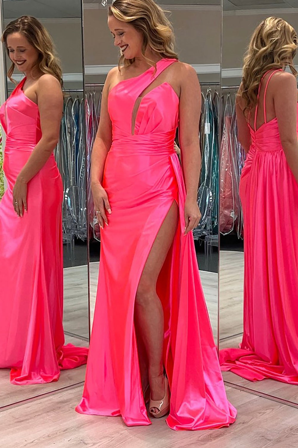 Long Satin Mermaid Prom Dress in Pink with High Slit and One Shoulder