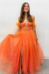 Long Orange Sparkly Off-the-Shoulder Prom Dress in A-Line Tulle with Slit