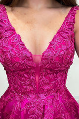 Long Fuchsia Prom Dress with V-neck and Satin Princess Appliques