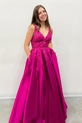 Long Fuchsia Prom Dress with V-neck and Satin Princess Appliques