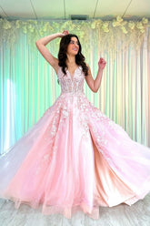 Long Corset Prom Dress with Pink Spaghetti Straps and A-Line Applique Tulle